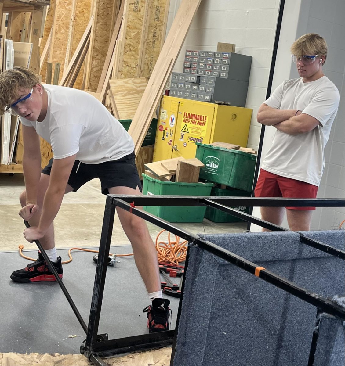 Thad Percy (left) and Drake Stageman work on a project in third period Construction Tech on Thursday, Aug. 31. They said that this was a project for the class.
