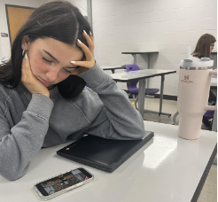 On the first day after winter break on Jan. 3, 2024, in 3rd period Journalism, freshman Nora Reed watches a video of herself manipulated by an app called ElfYourself. The app takes the users face and plasters it on a dancing elf in Christmas settings. 
