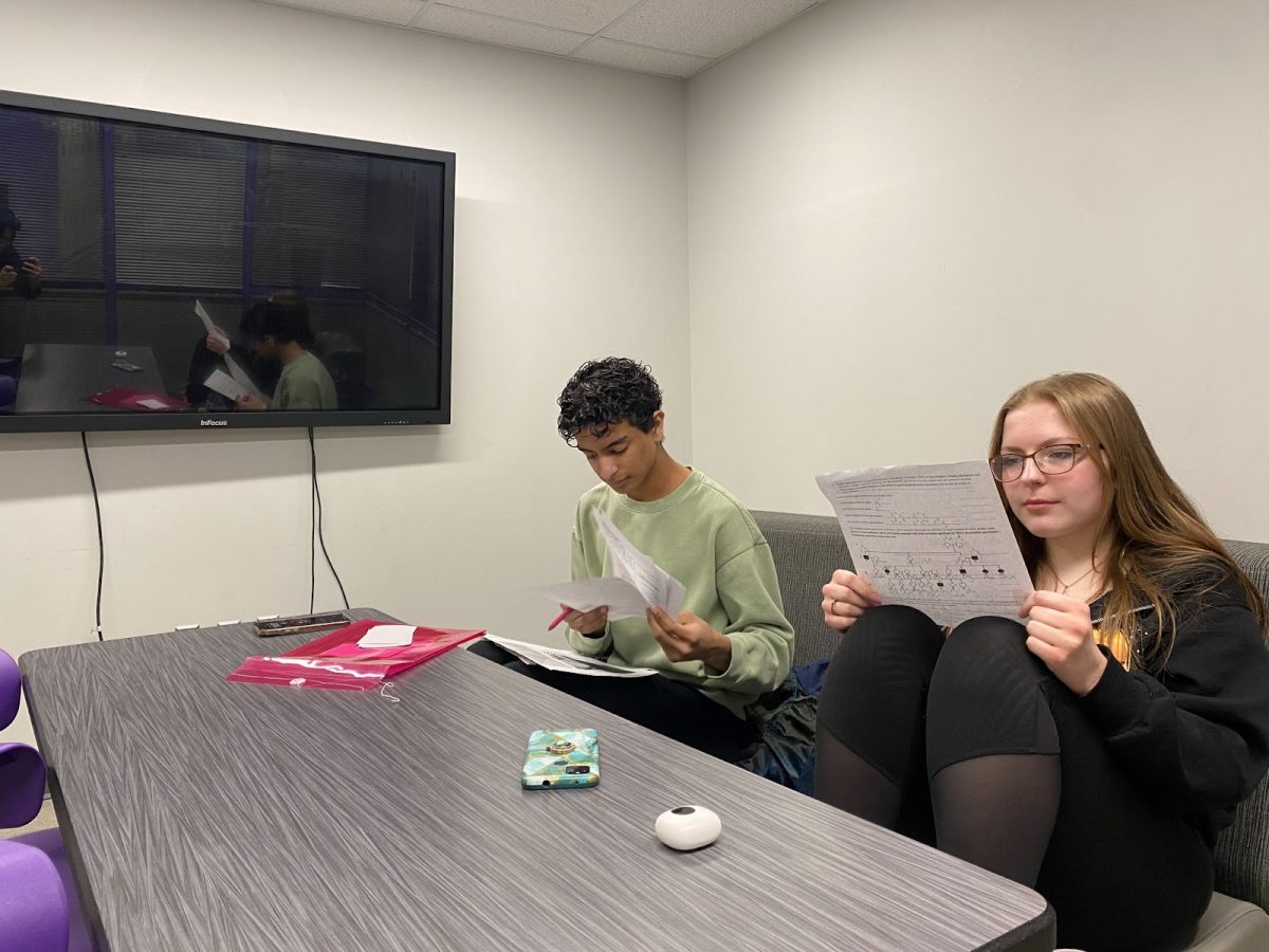 Senior Roberto Fortin (left) and sophomore Ryley Six work on Wednesday, Sept. 29, in the study room. The students said they were studying for speech and biology classes.