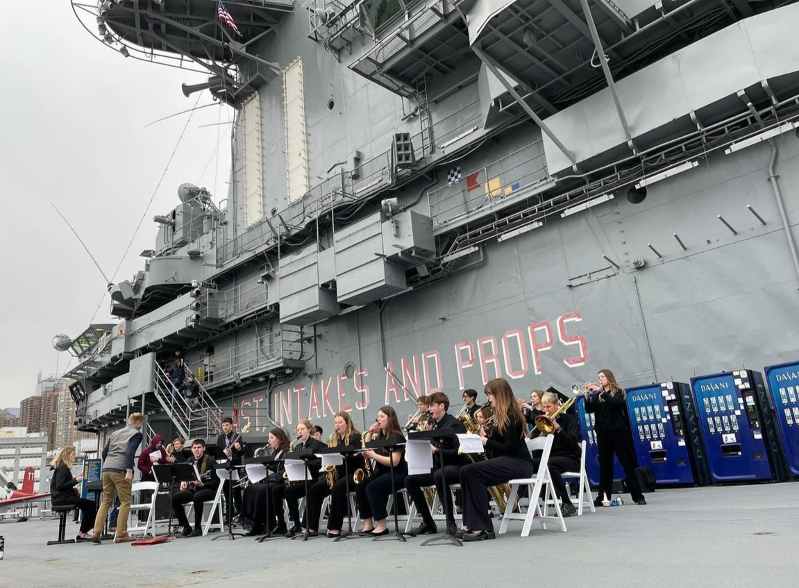 Norwalk Jazz I performs on Saturday, March 9, on the hangar deck of the USS Intrepid. The Intrepid was used as a battleship against the Japanese during World War II.