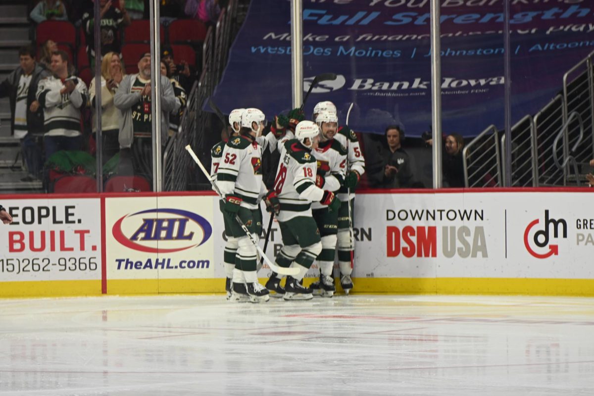 Within the first 15 seconds of the game, Iowa Wild center Ben Jones scores the first goal of the game. Michael Milne would follow up in the first period. At the time of the goal, Ben Jones, Daemon Hunt, Devin Shore, Joseph Cecconi, and Reese Johnson were on the ice.