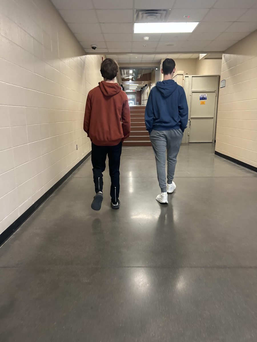 Jackson Wandrey and Joe Madonia walk down the hallway on Jan. 27 in Norwalk High School. Norwalk students returned from their long weekend  on Tuesday, Jan. 21.
