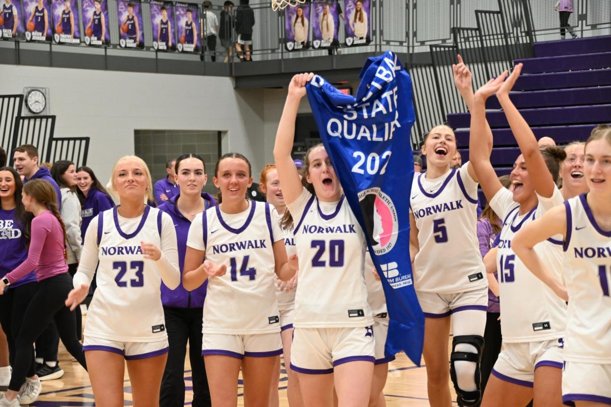 Bailey Birmingham (20) holds Norwalk's state basketball banner. The Warriors defeated Pella 85-56 to move on to the state basketball tournament.