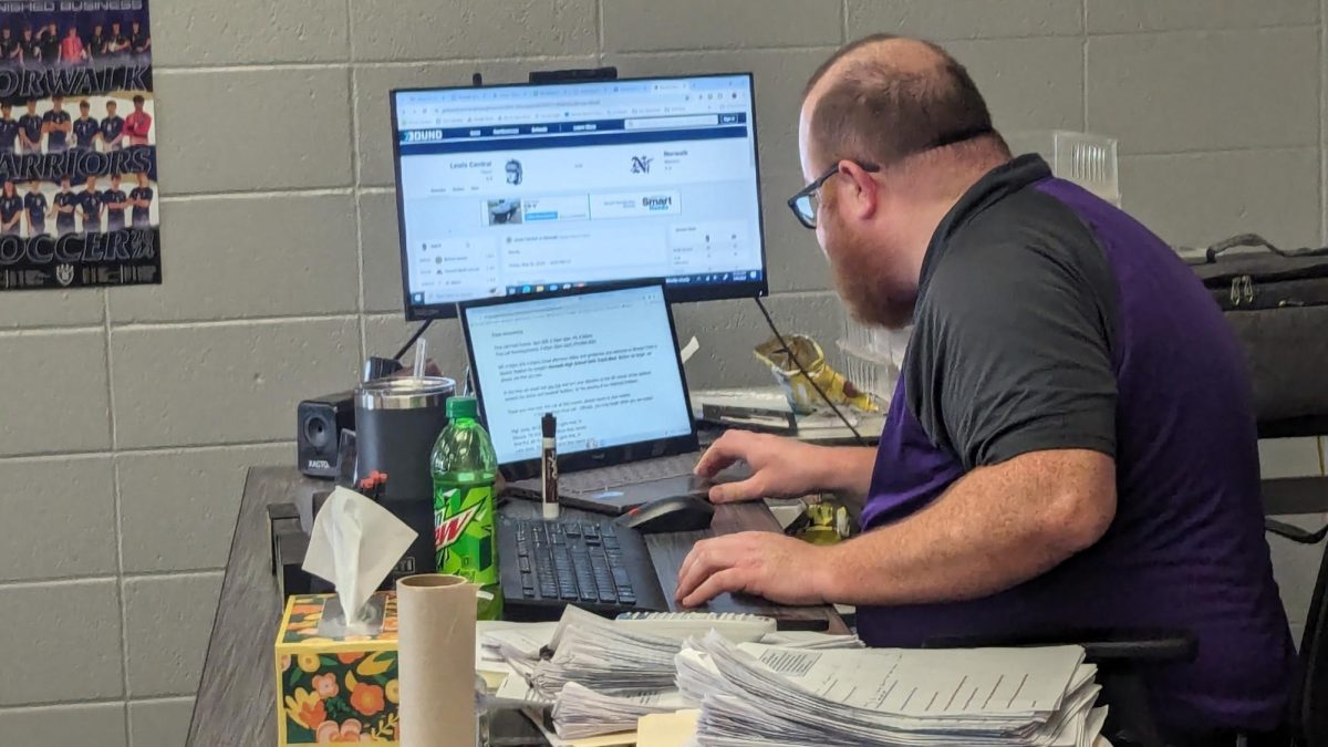 Tim Clay works on his computer on Thursday, May 9, in his classroom. There will be no school on Monday, Feb. 17, due to a teacher work day.