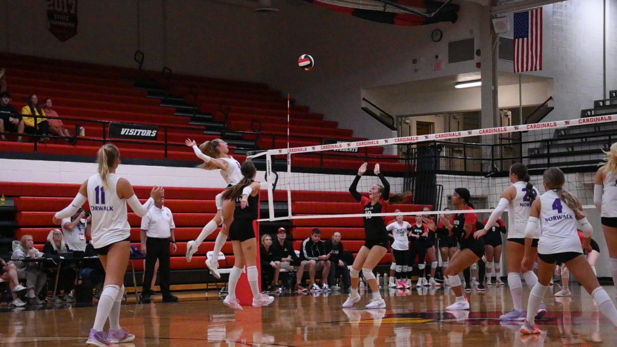Elle Hatlevig spikes the ball during a game against Newton on Tuesday, Sept. 16. Norwalk beat Newton that night, 3-0.