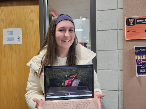 Ady Soenen (sophomore) shows a photo of the finalized short film “Moving On in C Minor,” worked on by Callie Watrous, Natalie Olsen, and Eli Giesler.